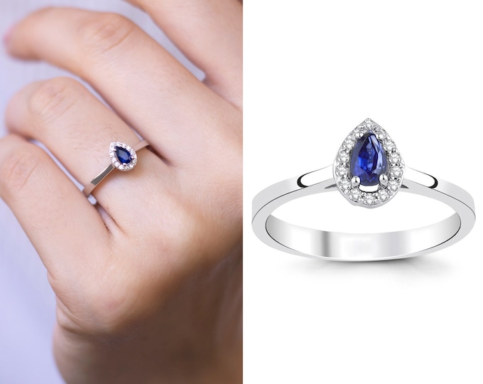 14k Proposal Ring Blue Sapphire Gem Ring | Sapphire Statement Ring with Paved Diamonds Around | Teardrop Cut Sapphire Bride Wedding Ring