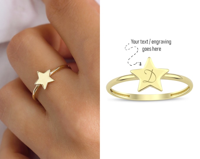 Star Initial Ring 14k Gold | Dainty Daily Geometric Ring, Engravable&Personalized Jewelry, Christmas Gift, Friendship Gift, Gift for Her