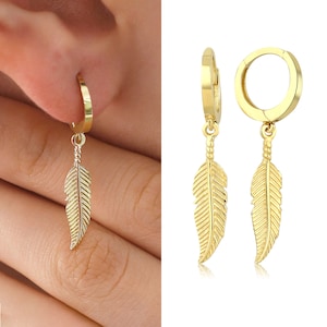 14k Gold Feather Drop Earrings | Elegant Huggie Dangling Earring, Jewelry for Nature Lovers, Valentines Day Gift, Teacher Gift, Gift for Her