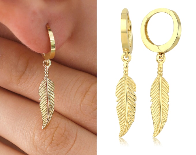 14k Gold Feather Drop Earrings | Elegant Huggie Dangling Earring, Jewelry for Nature Lovers, Valentines Day Gift, Teacher Gift, Gift for Her