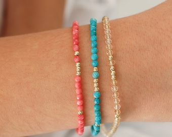 14k Gold Pink Coral Bracelet | Natural Stone Beaded Bracelet, Dainty Stacking Jewelry