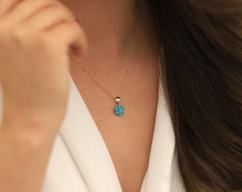 Hexagon Flower Turquoise Necklace | 14k Gold Honeycomb Blue Turquoise Dainty Pendant | December Birthstone Gem, Turquoise Earrings Set