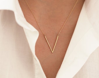 14k Gold Chevron V Necklace | Geometric V Shaped Pendant, Symmetry Victory Symbol