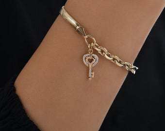14k Gold Paperclip Snake Chain Bracelet | Key Heart Charm Chunky Link Jewelry