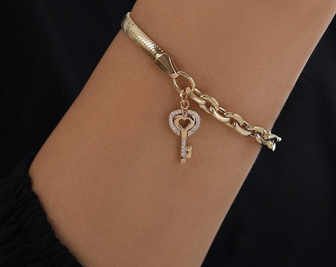 14k Gold Paperclip and Snake Chain with Key of Heart Charm Chunky  | Valentine's Day Gift