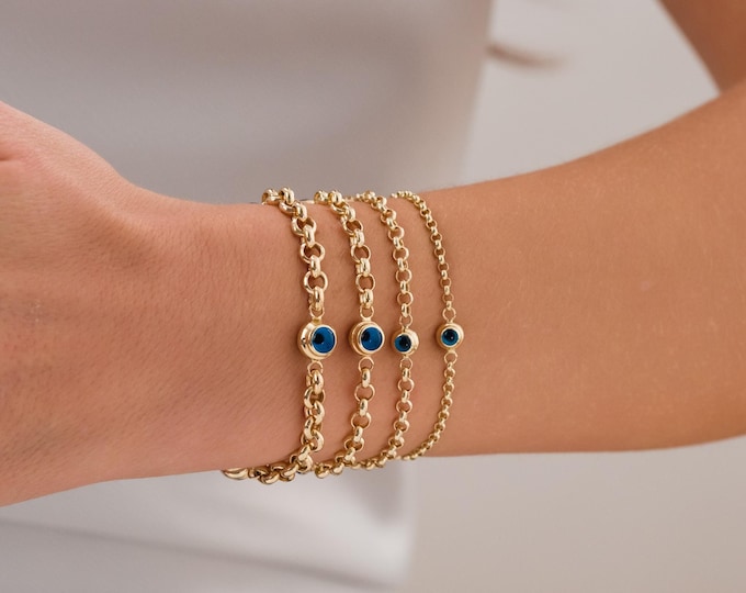 14k Gold Evil Eye Rolo Bracelet | Protection Charm on Chunky Belcher Chain