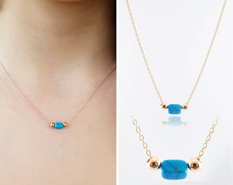 Turquoise Gem Rectangle Necklace | Rectangular Prism Necklace with Gold Beads | December Birthstone Blue Turquoise Pendant | Womens Day Gift