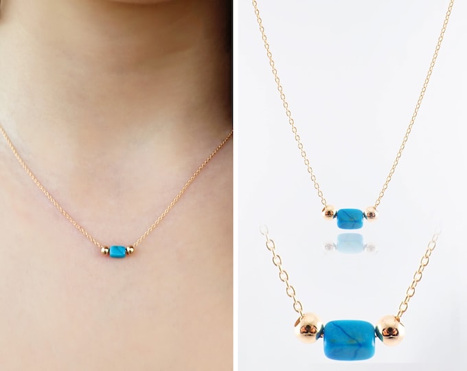 Turquoise Gem Rectangle Necklace | Rectangular Prism Necklace with Gold Beads | December Birthstone Blue Turquoise Pendant | Womens Day Gift