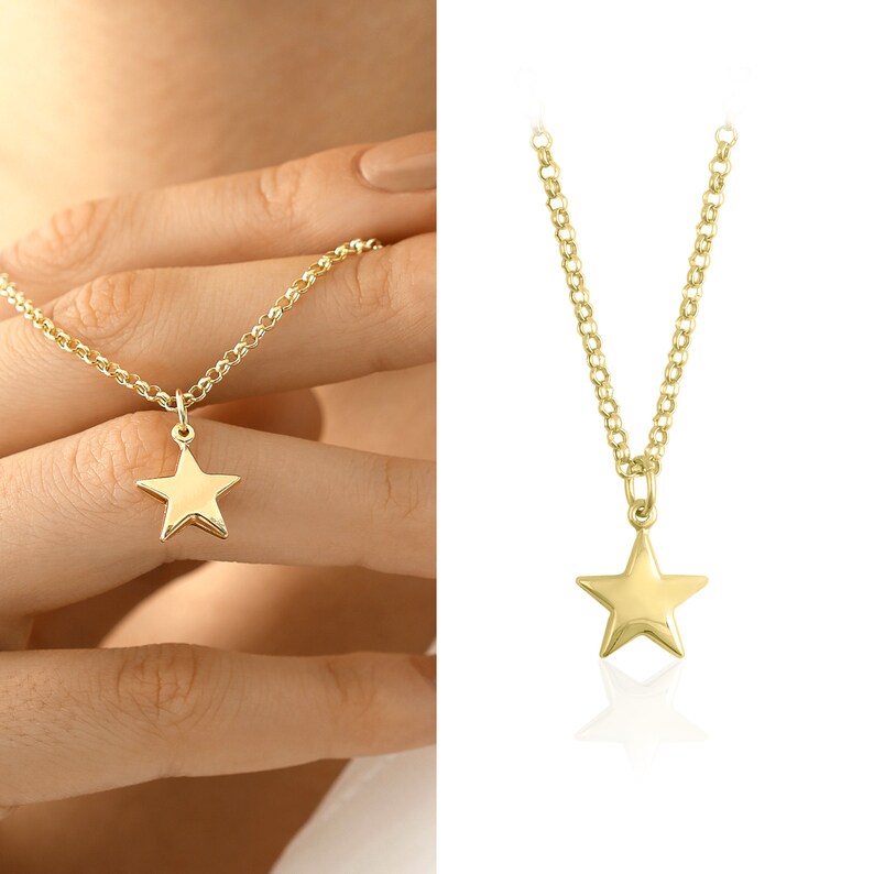 14k Gold Rolo Chain w/Star Pendant Celestial Layering image 1
