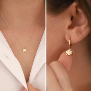 14k Gold CLOVER LEAF Shaped Minimal Necklace & Earrings | Gold Customized Chain and Lock, Shamrock Necklace, Good Luck Gifts, Birthday Gift