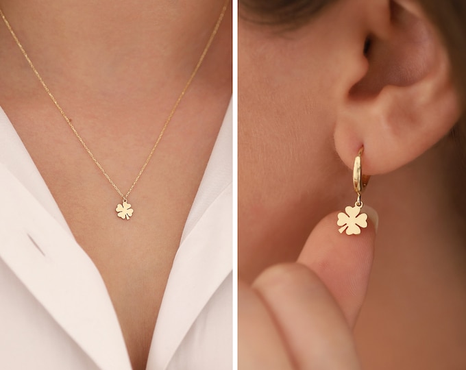 14k Gold CLOVER LEAF Shaped Minimal Necklace & Earrings | Gold Customized Chain and Lock, Shamrock Necklace, Good Luck Gifts, Birthday Gift