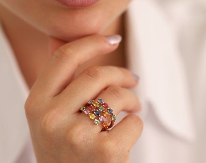 14k Gold Rainbow Sapphire Ring | Pear Cut Colorful Genuine Sapphire Statement Band