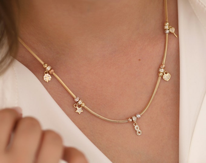 14K Gold Charm Necklace & Italian Tube Chain | Franco Mesh Chain with Key, Star, Infinity, Heart Charm, Minimalist Jewelry, Graduation Gift