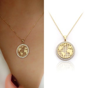 Wereldkaarthanger | 14k gouden bolhanger, gouden ketting wereldcontinenten, ring edelsteen, cadeau voor het buitenland | Valentijnsdagcadeau