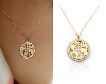 World Map Pendant | 14k Gold Globe Pendant, World Continents Gold Necklace, Bezel Gemstone Setting, Gift for Overseas | Valentine's Day Gift