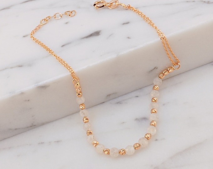 Natural MOONSTONE & 14k Gold Beaded Bracelet, İntuitive Stone, Healing Energy Chakra Moonstone Bracelet, June Birthstone | Gift for Her