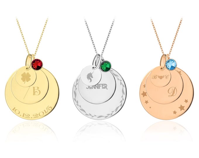 14k Gold Personalized Round Disc Pendant | Circle Medallion Charm, Name, Date, Symbol Engraved Coin Necklace, Memorial Gift, Family Gift