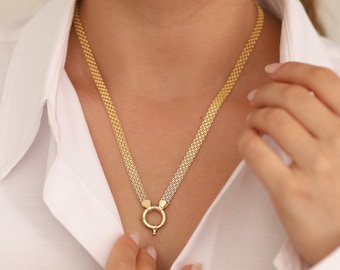 14k Gold Italian Mesh Necklace | Bismarck Sailor Lock Vintage Charm Statement Chain