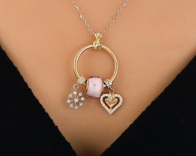 Snowflake Heart Ring Pendant | 14k Gold Necklace w/ Murano Venetian Art Pink Loop, Snowflake and Double Heart Charms | Valentine's Day Gift