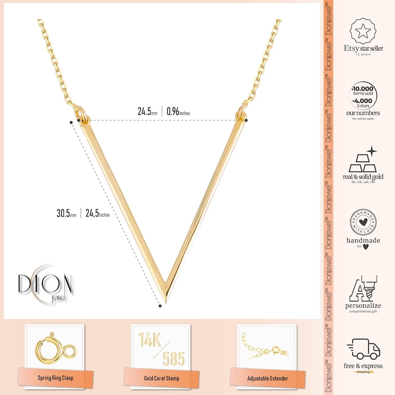 14k Gold Chevron V Necklace | Geometric V Shaped Pendant, Symmetry ...