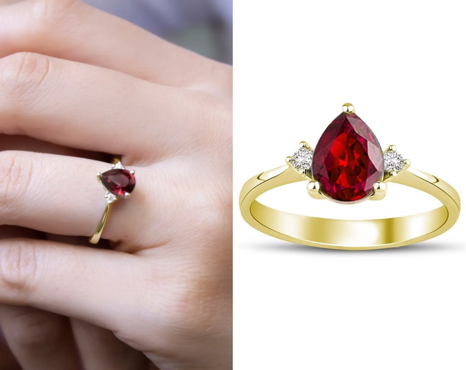 Teardrop Cut Ruby Statement Ring with Diamonds, 14k Gold Red Ruby Gem Proposal Ring, Ruby Bride Wedding Ring, July Birthstone, birthday gift