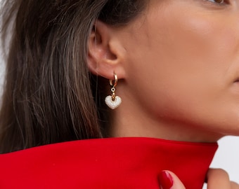 14k Gold Heart Padlock Earrings | Puffy Lock Dangle Latch Back Drop Jewelry