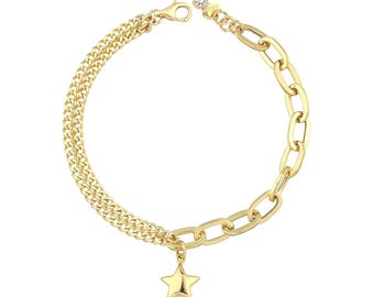 Charm star bracelet 14k gold | puffed star pendant w/ double curb chain and paperclip thick link w/ lobster claw lock bracelet