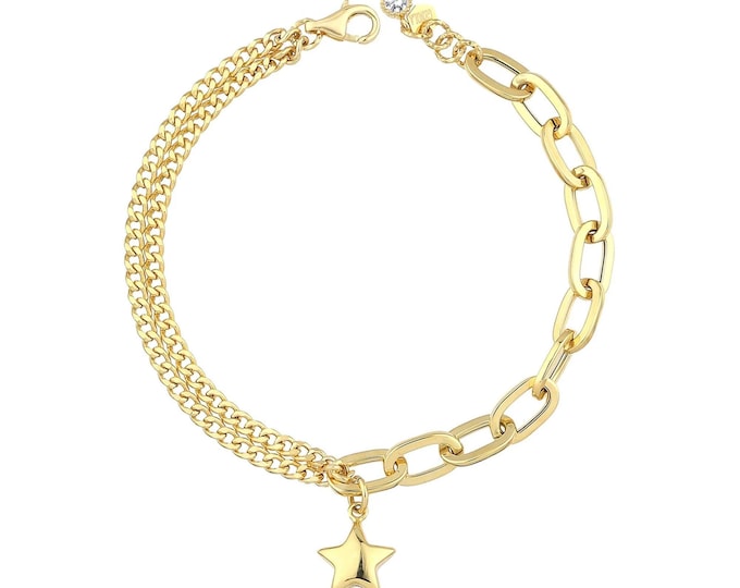 Charm star bracelet 14k gold | puffed star pendant w/ double curb chain and paperclip thick link w/ lobster claw lock bracelet