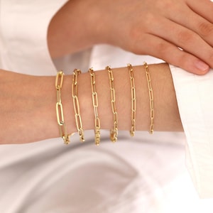 14k gold elongated paperclip chain bracelets | 3mm to 6mm rectangle link chain bracelets, unisex chain, fine jewelry, gift for boyfriend