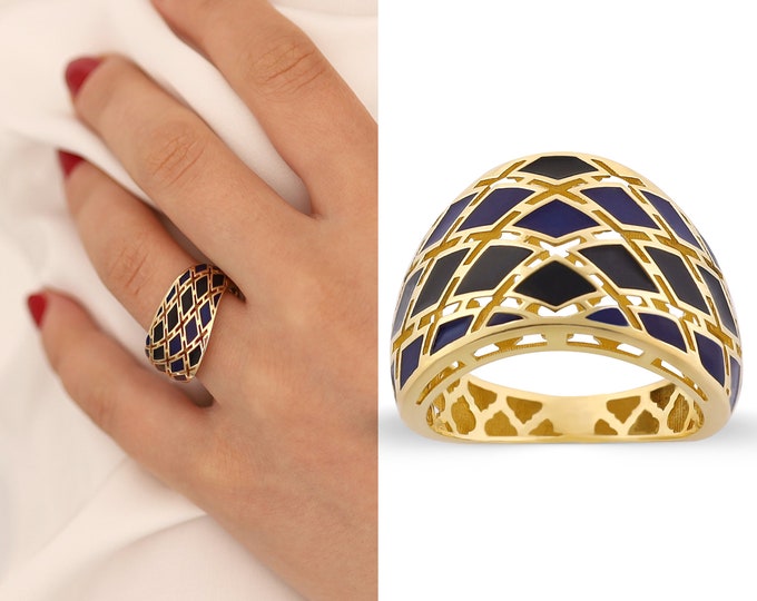 14k Gold Navy Blue Intricate Ring | Heavy & Bold Wide Band Ring, Perforated Fore Finger Ring, Chic Jewelry, Anniversary Gift, Gift for Her