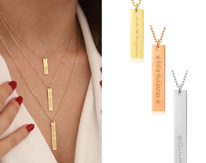 Gold Vertical Bar Necklace | 10k/14k Engraved Name, Date, Icon Plate Necklace, Simple Gift Idea, Personalized Gift, Gift for Children & Kids