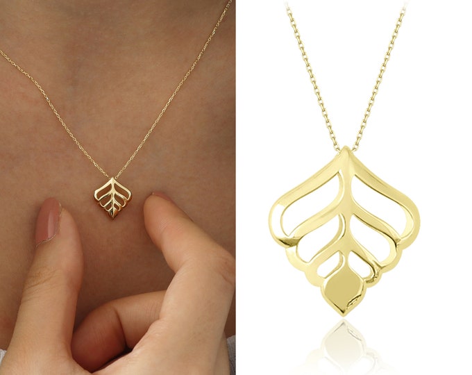 14K Gold Leaf Shaped Puffy Pendant | Filigree Drop Charm, Minimalist Handmade Jewelry, Dainty Everyday Necklace, Gift for Nature Lovers