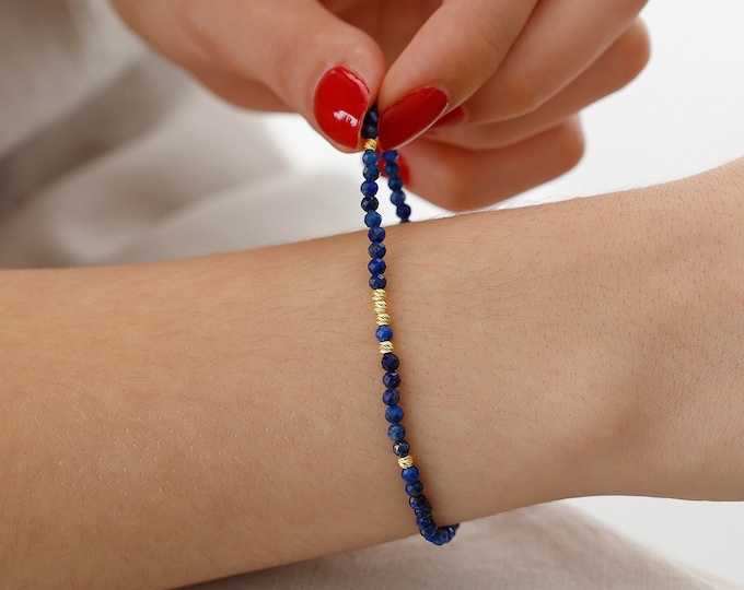 14k Gold Lapis Lazuli Stone Bracelet | Dark Royal Blue Crystal Gemstone Beaded Bracelet, Natural Stone, September Birthstone, Gift for Her