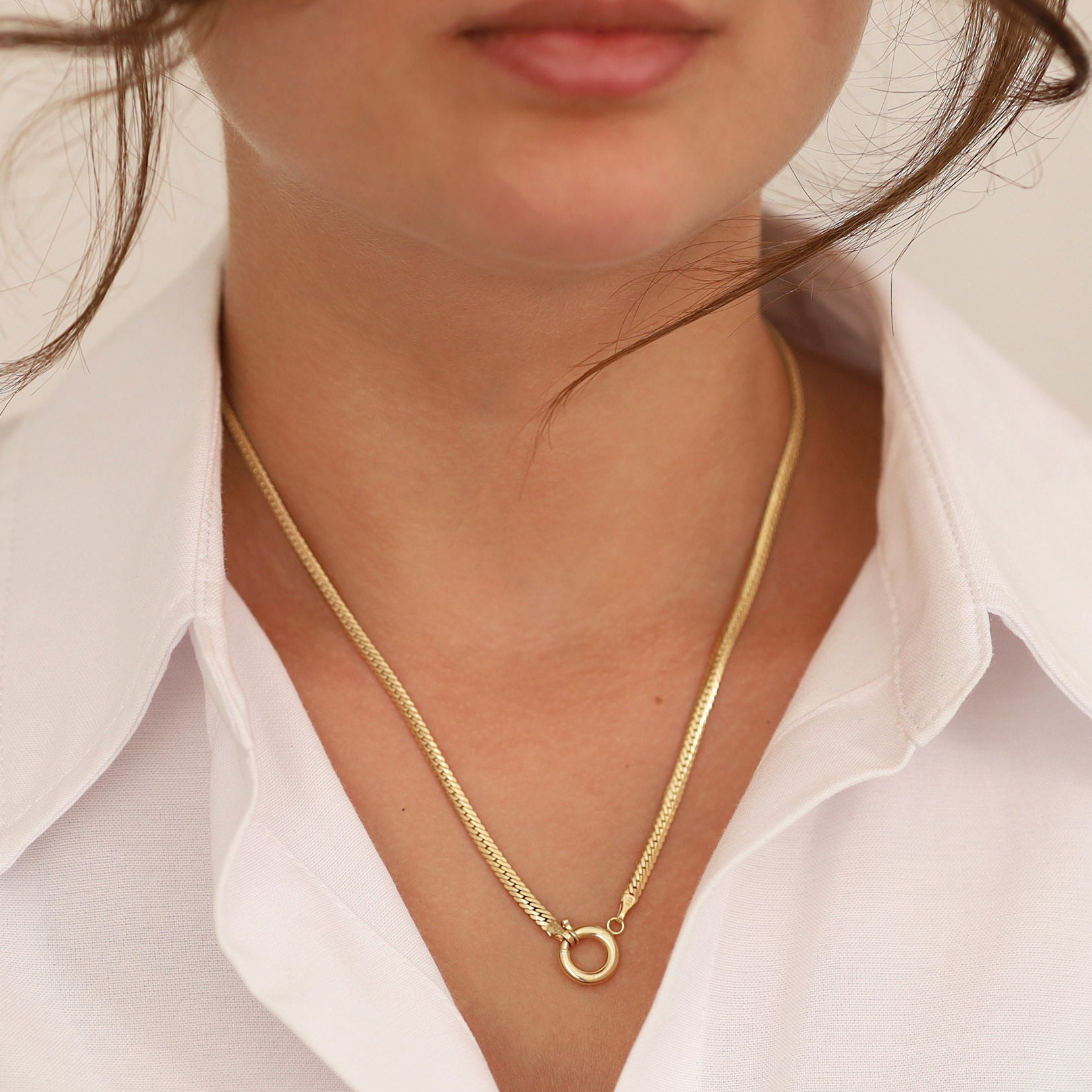 14K Gold Senorita Clasp / Sailor Lock Herringbone Chain Necklace