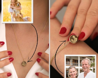 Personalized Photo Disc Urn Necklace & Bracelet | 14k Gold Portrait Engraved Urn Pendant, Round Disc Photo Cremation Jewelry, Memorial Gift