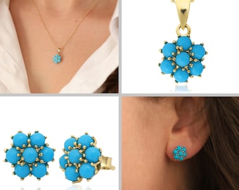 14k Gold Turquoise Hexagon Flower Earrings | Honeycomb Stud Earrings, December Birthstone, Birthday Gift, Turquoise Handmade Jewelry Set