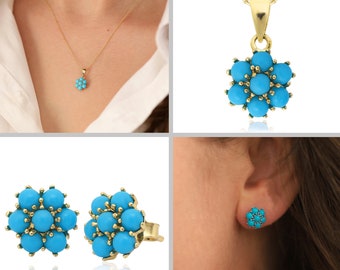 14k Gold Turquoise Hexagon Flower Earrings | Honeycomb Stud Earrings, December Birthstone, Birthday Gift, Turquoise Handmade Jewelry Set