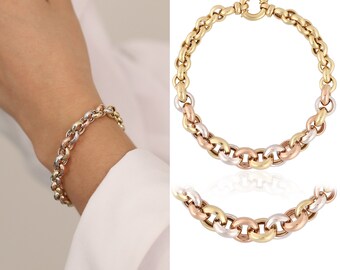 3 Color Heavy Rolo Bracelet | 14k Gold Large Rolo Links, Round Belcher Chain, Statement Bracelet, Thick Chain for Women, Gift for Her