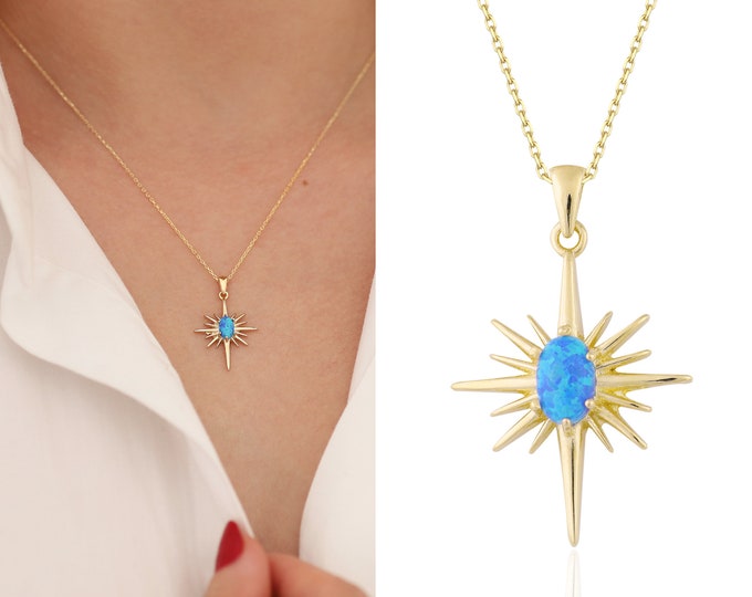 14K Gold Blue Opal North Star Necklace | Adventurer Jewelry, Emotional Healing Necklace, Symbol of Guidance And Direction, Graduation Gift