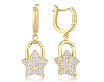 Star Shaped Padlock 14k Gold Dangling Earrings | Latch Back, English Lock, Puffy Heart Earrings, Gold Lock Drop Earrings | Gift for Her