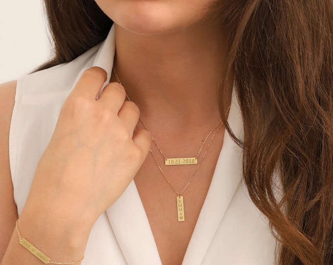 Gold Horizontal Name Bar Necklace | Engraved Name, Date, Icon Plate Necklace, Simple Gift Idea, Personalized Gift, Gift for Children & Kids