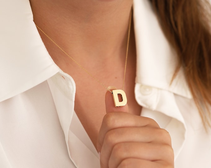 Gold Initial Letter Necklace | 14k / 10k 3D Alphabet Necklace, Personalized Letter Pendant, Name Jewelry, Gift for Girlfriend, Gift for Her