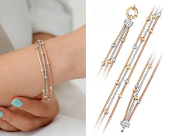 14k Gold Round Foxtail Bracelet w/ Sailor Lock | Round Mesh - Woven Tubular Chain, Multi Color Dorika Balls Beaded Bracelet | Gift For Her