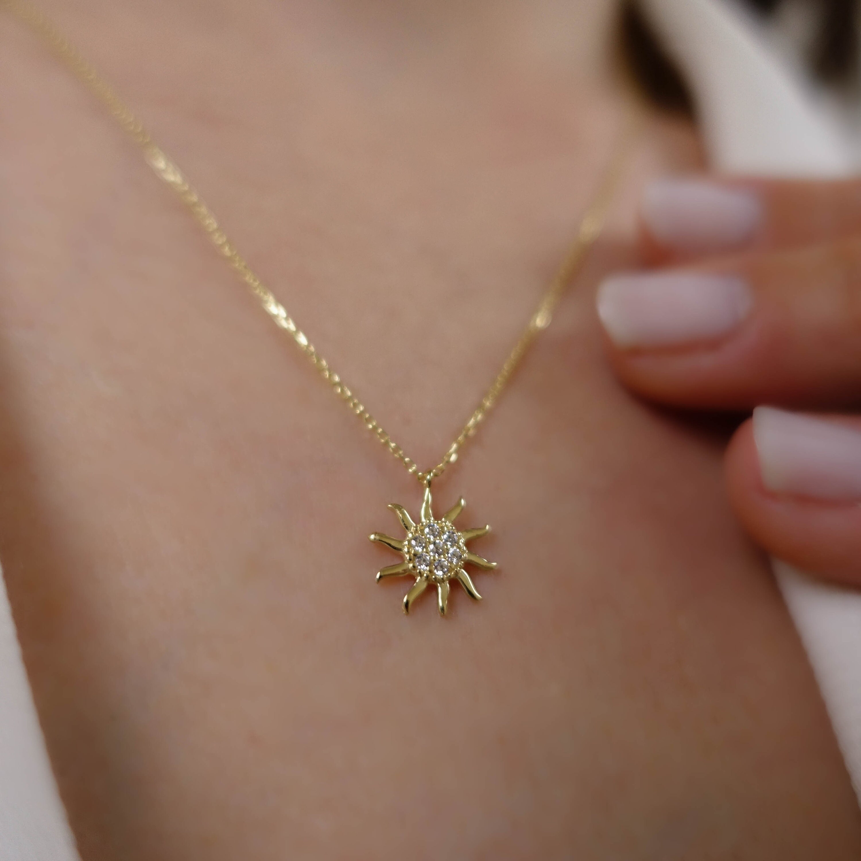 14k Gold Sun Necklace Minimal Sun Star 