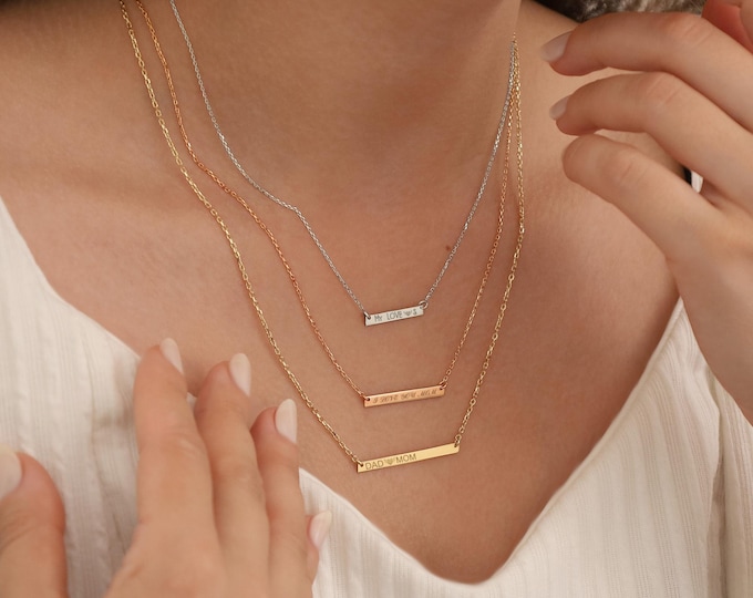 10k&14k Horizontal Personalized Bar Necklace | Engraved Name, Date, Icon Plate Necklace, Simple Gift Idea, Personal Gift, Gift for Children