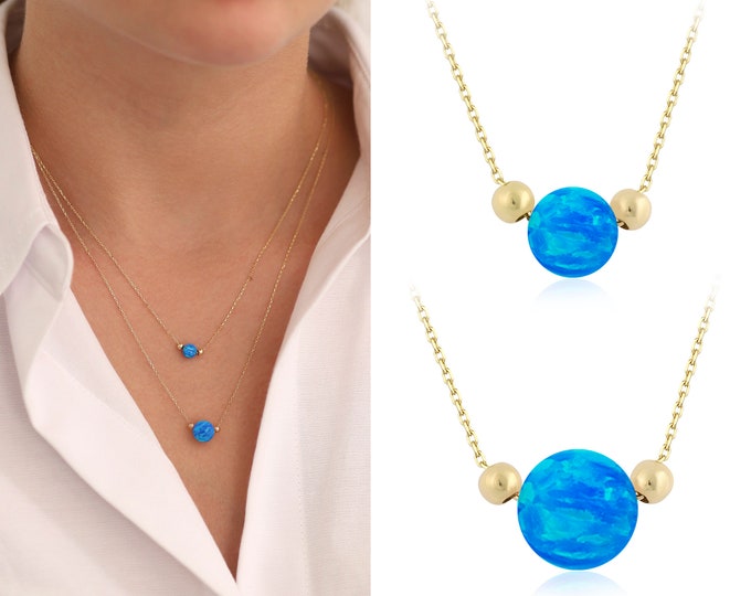 14K Gold Blue Opal Necklace |  White & Pink Round Opal, October Birthstone, Libra Birthstone, Zodiac Jewelry, Venus Jewelry, Gift for Her