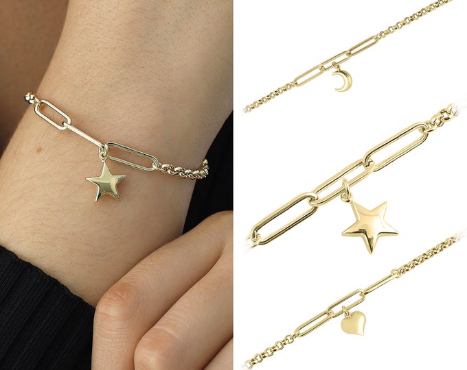 14k Gold Rolo Link & Paperclip Bracelet w/ Star Charm | Double Chain Handmade Dainty Bracelet, Everyday Fine Jewelry, Christmas Gift for Her