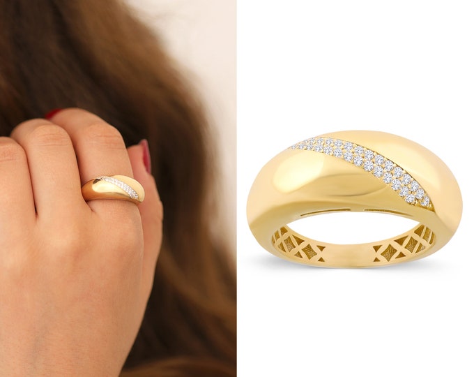 14k Gold Diagonal Stripe Oval Ring | Chunky Fore Finger Ring, Bold Statement Ring, Shiny Dome Ring, Chic Design, Anniversary Gift, Mom Gift