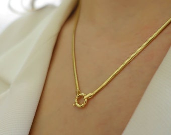 Sailor Lock Snake Necklace | 14k Gold Big Clasp Herringbone Alike Snake Chain Reversible Necklace Fine Jewelry | Valentine's Day Gift