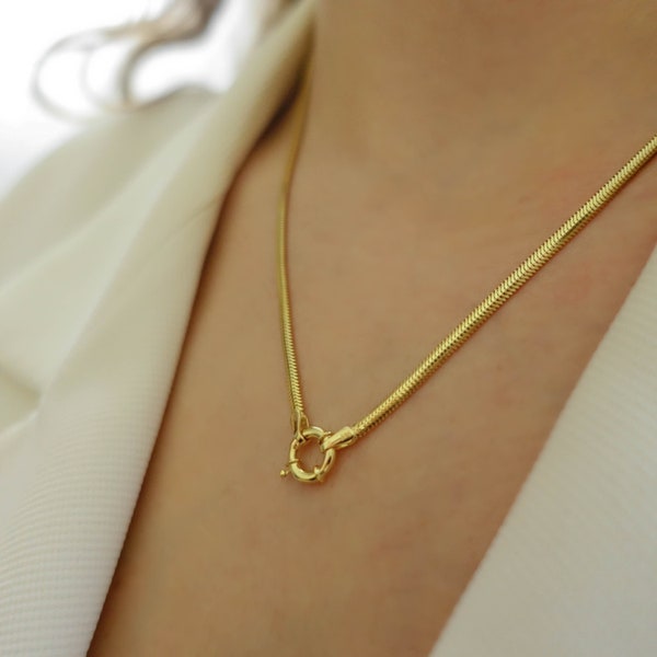 Sailor Lock Schlange Halskette | 14k Gold Großer Verschluss Herringbone Alike Schlangenkette Reversible Halskette Edles Schmuck | Valentinstag Geschenk